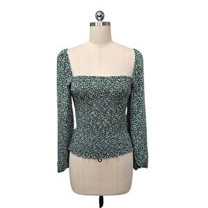 Abercrombie & Fitch Green Floral Smocked Long Sleeve Square Neck Top Size Small